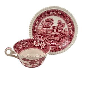 Copeland Spodes Tower Tea Cup Saucer Red Transferware England Vintage Victorian